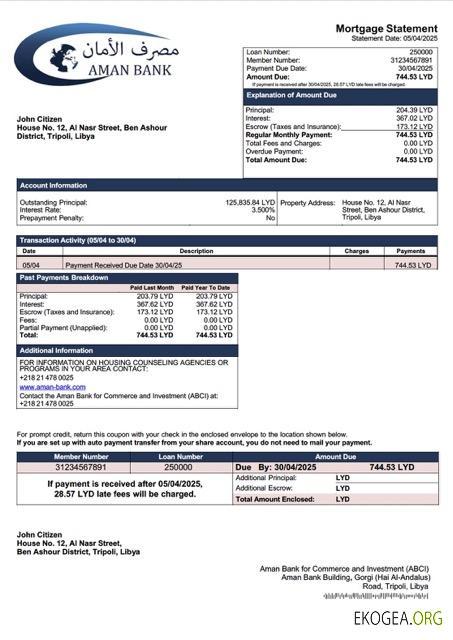 Modèle Word et PDF de relevé hypothécaire de la Libye Aman Bank for Commerce and Investment (ABCI)
